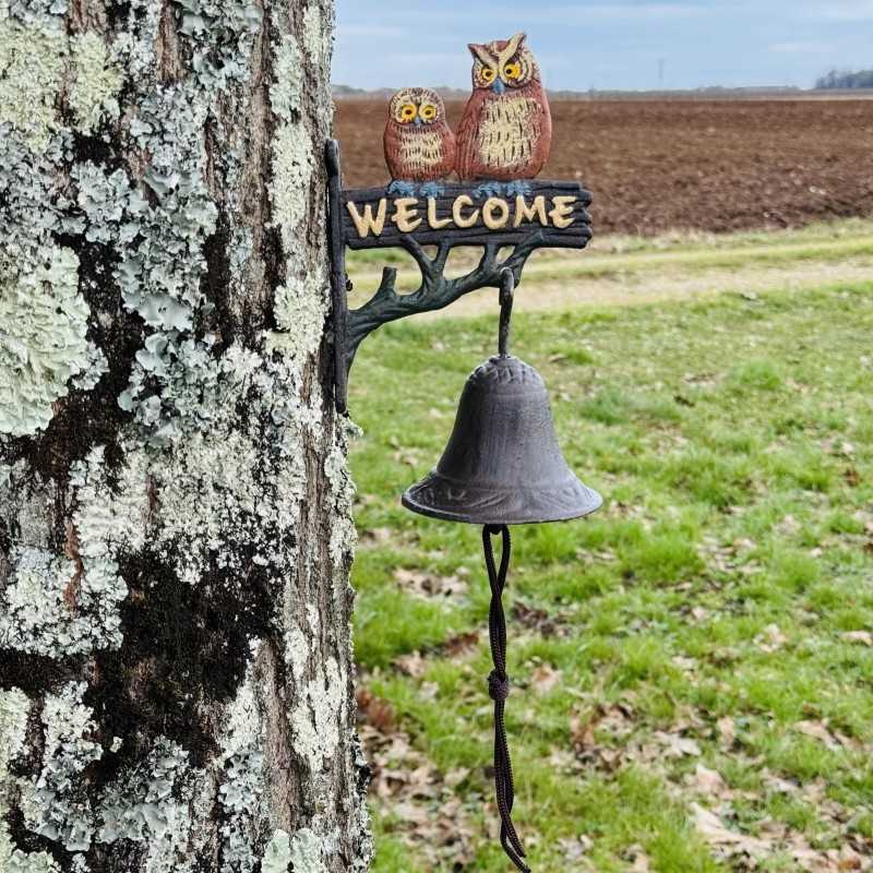 Campana de pared de hierro fundido con búhos Welcome