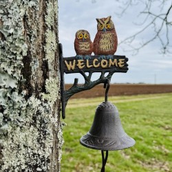 Campana de pared de hierro fundido con búhos Welcome