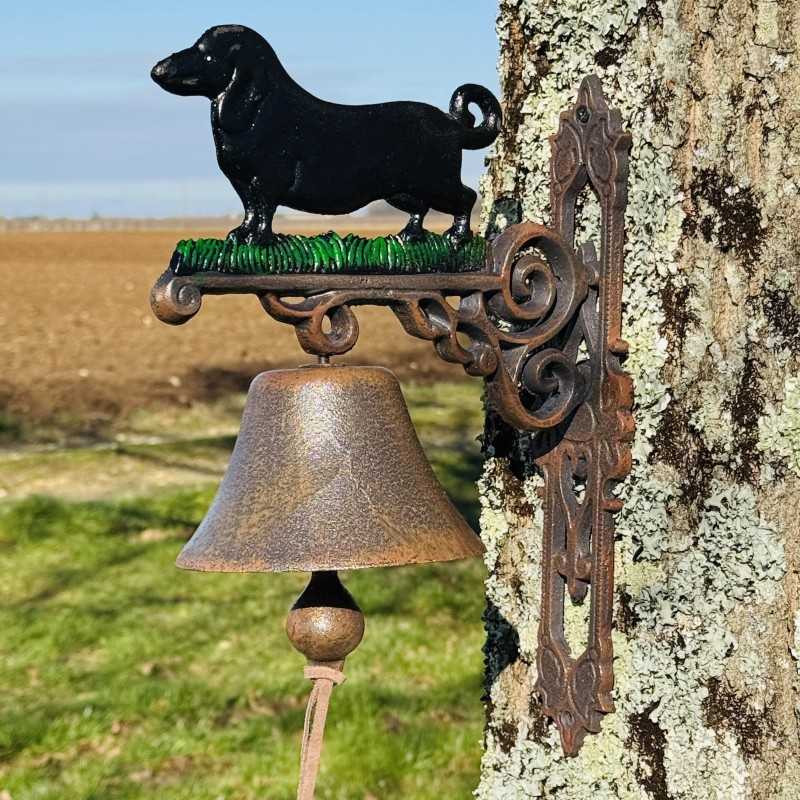 Campana mural para jardín con cuerda y motivo de perro