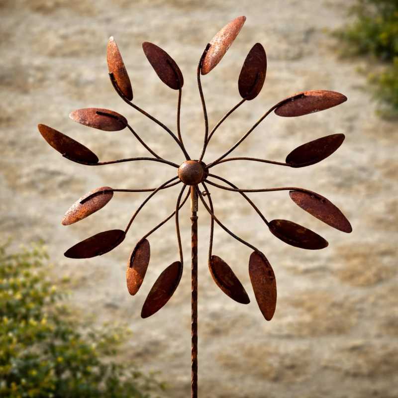 Éolienne décorative de jardin en métal rouillé – 2,08 m – Double rotation