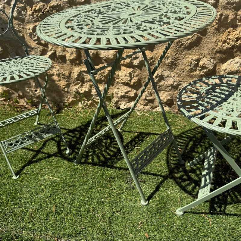 Salon de jardin pliable en fer et fonte – Style vintage patiné vert | Lézard du Jardin