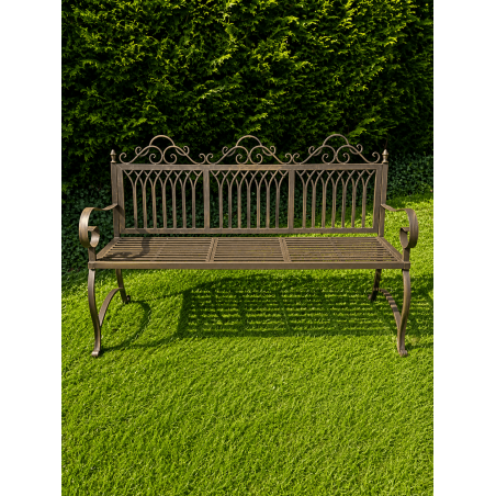 Banco de jardín de metal marrón patinado – Vista completa