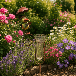 Pluviomètre décoratif de jardin oiseau sous parapluie- vue de côté