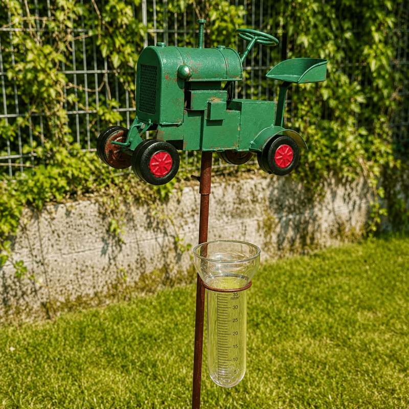 Pluviómetro decorativo de tractor verde
