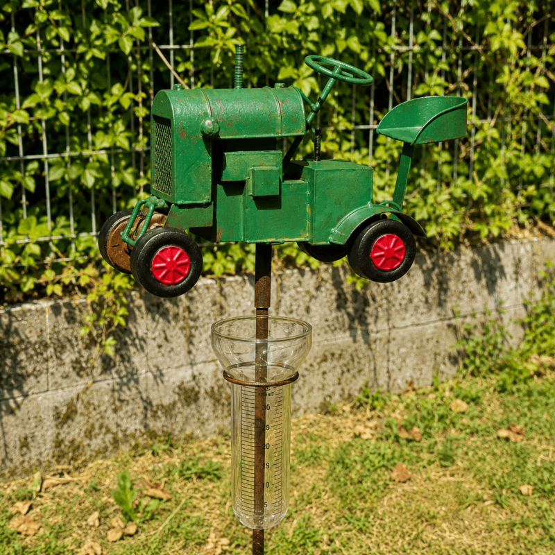 Pluviómetro decorativo de tractor verde – vista lateral