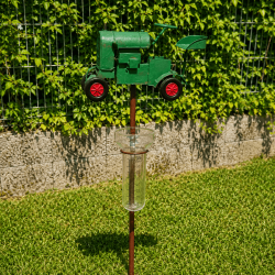 Pluviómetro decorativo con forma de tractor verde – descripción general