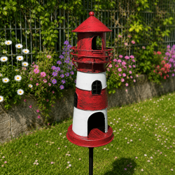 Estaca decorativa para jardín con forma de faro rojo y blanco