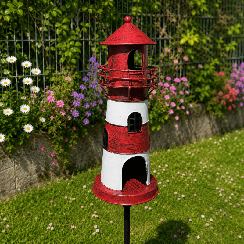 Estaca decorativa para jardín con forma de faro rojo y blanco