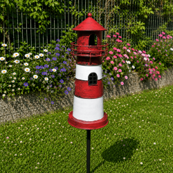 Estaca decorativa para jardín con forma de faro rojo y blanco – vista posterior