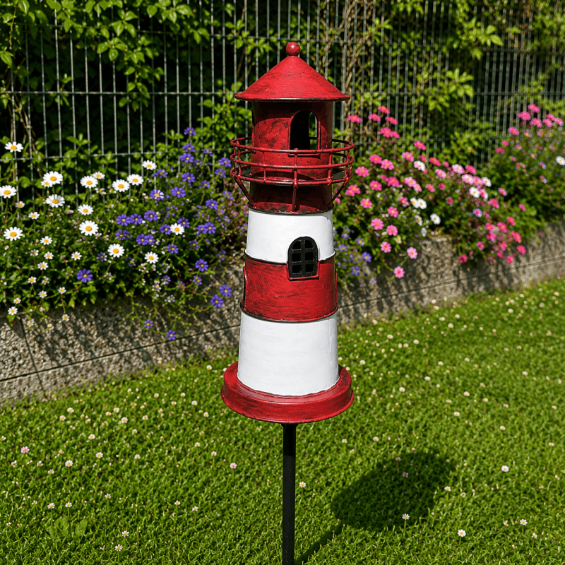Estaca decorativa para jardín con forma de faro rojo y blanco – vista posterior