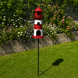 Estaca decorativa para jardín con forma de faro rojo y blanco: descripción general