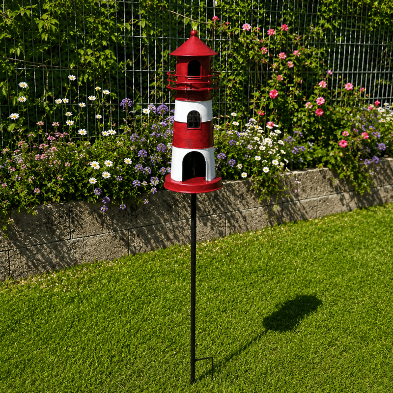 Estaca decorativa para jardín con forma de faro rojo y blanco: descripción general