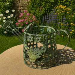Regadera decorativa de metal con flores en relieve