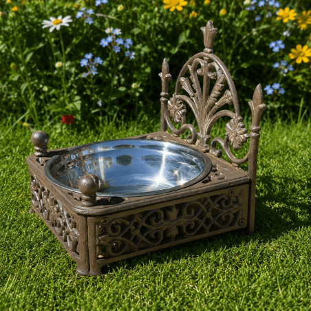 Comedero decorativo para perros instalado en el jardín