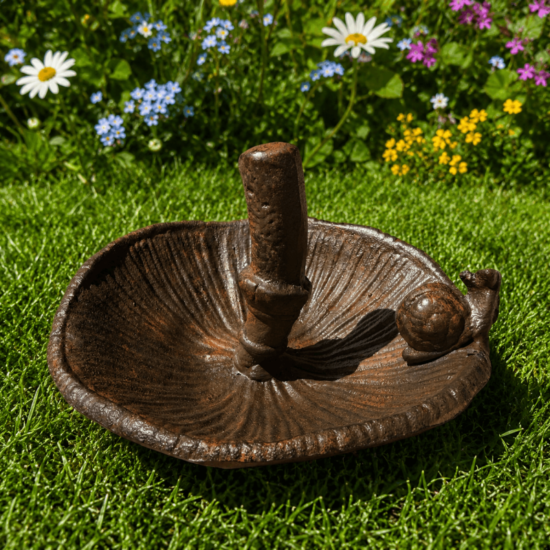 Comedero con forma de seta invertida y caracol decorativo