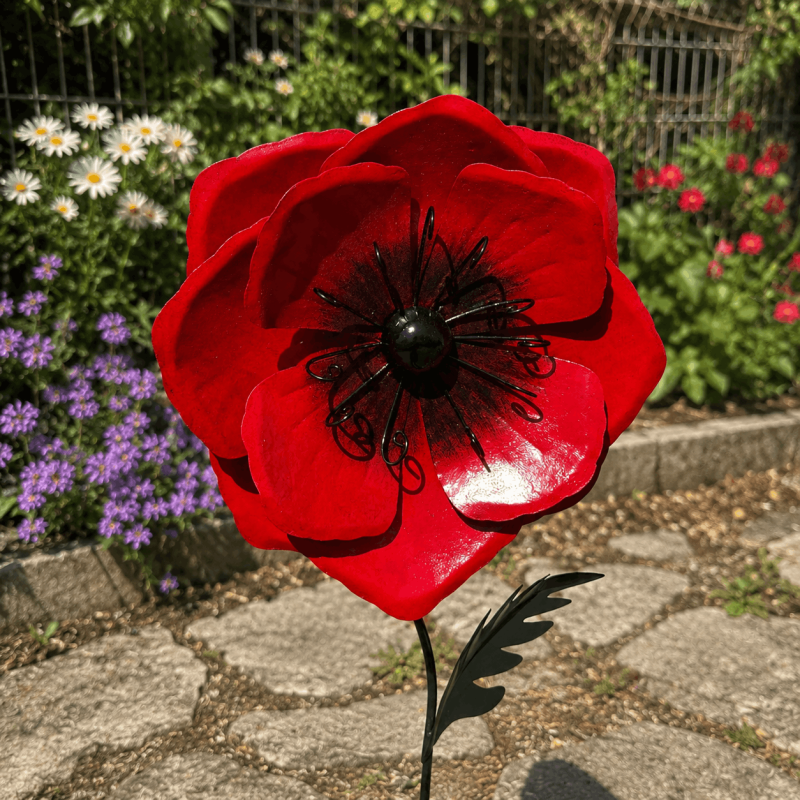 Amapola grande de metal rojo para clavar – Vista frontal