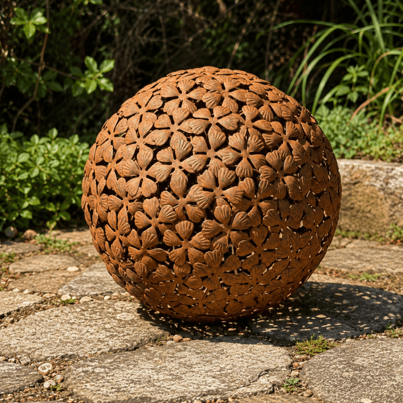 Escultura esférica de metal con flores caladas – Modelo grande