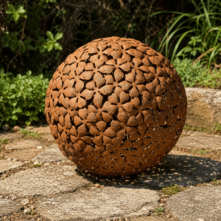 Escultura esférica de metal con flores caladas – Modelo grande