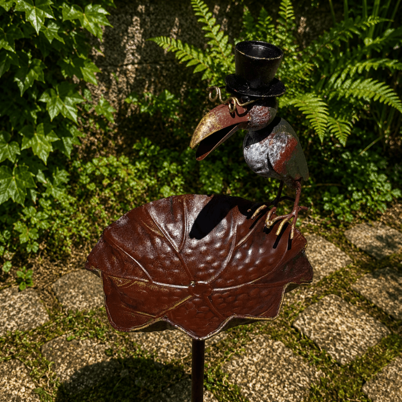 Bebedero y comedero para aves con cuervo de metal