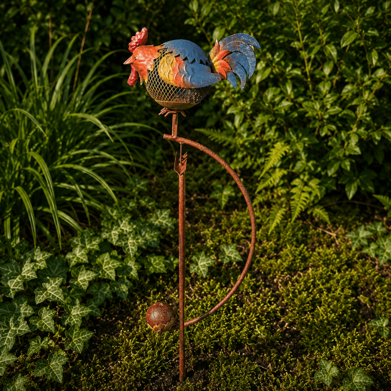 Gallina de metal colorida sobre soporte con balancín