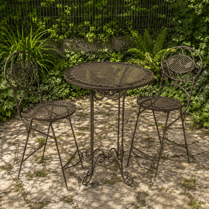 Conjunto de jardín de hierro forjado con mesa alta y dos sillas