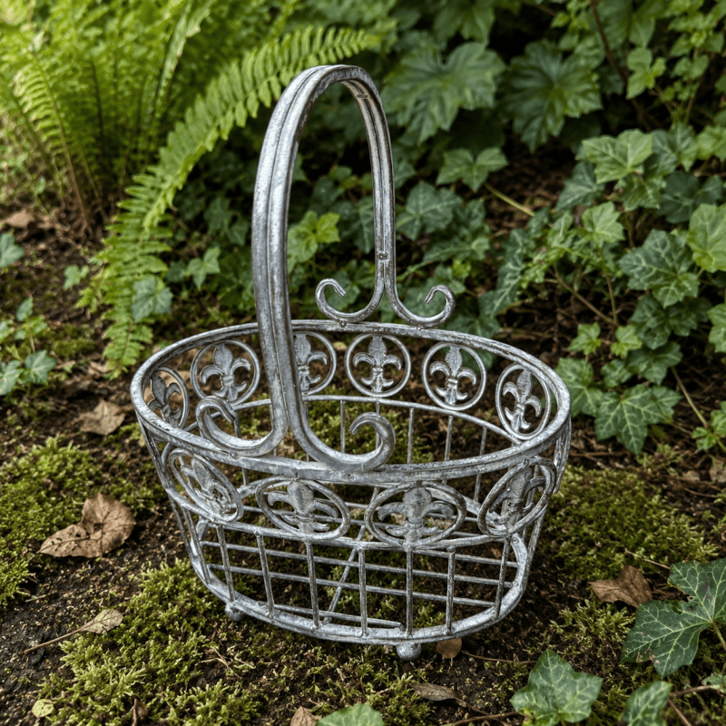Pequeña cesta metálica ovalada para macetas, con acabado gris envejecido y diseño de flor de lis – vista frontal