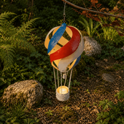 Farol globo aerostático de metal rojo, azul y blanco