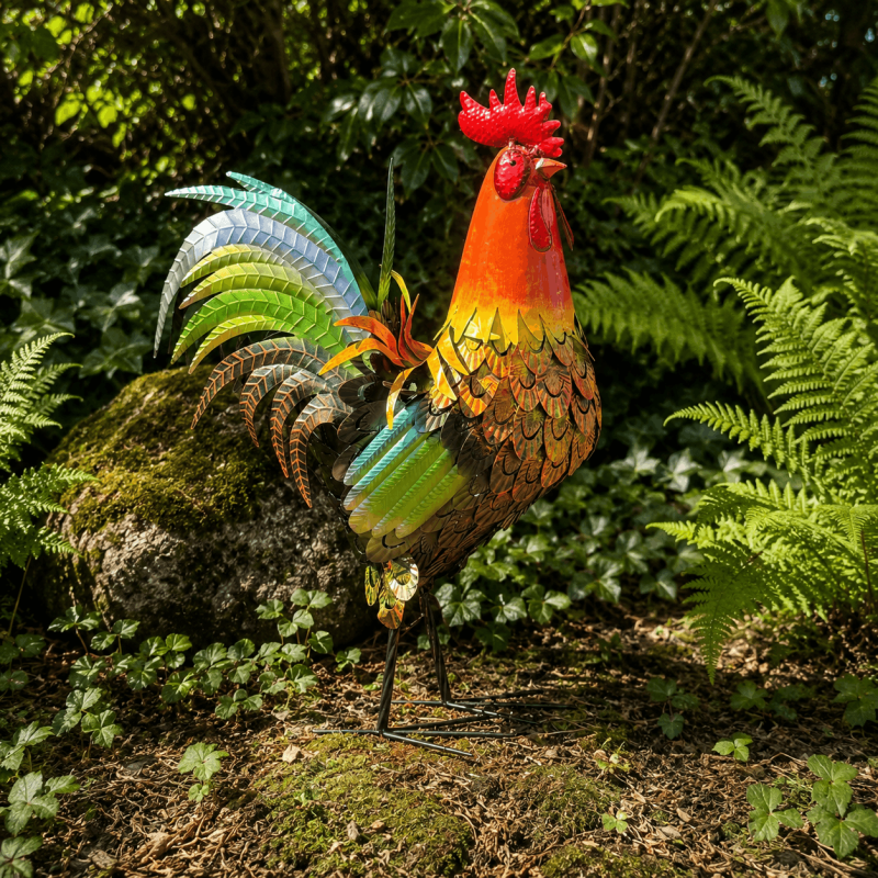 Escultura de gallo en metal multicolor