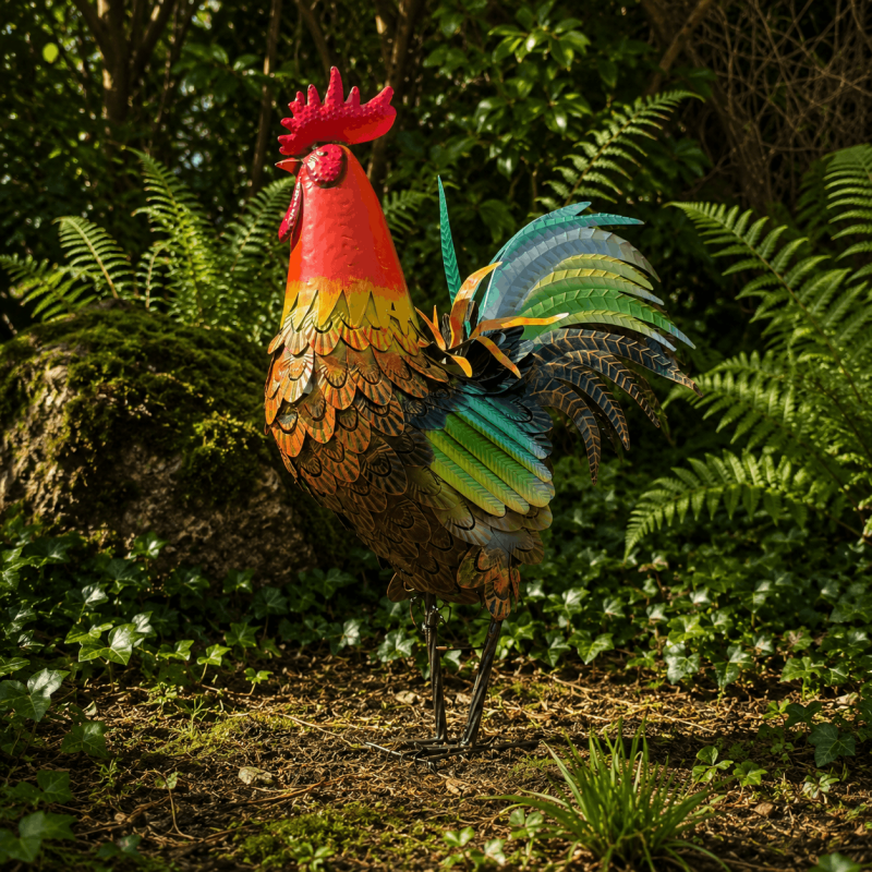Escultura de gallo en metal multicolor