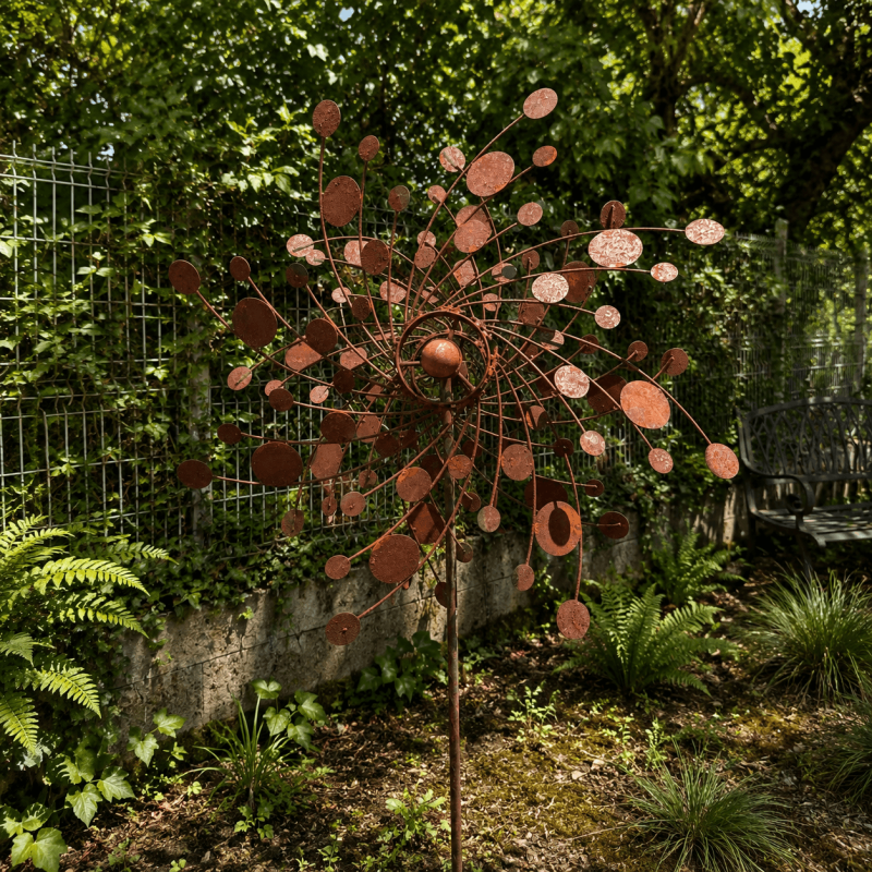 Molino decorativo jardín con discos color óxido – vista frontal