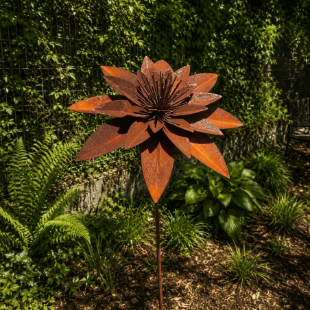 Flor de loto de metal para jardín color óxido – vista frontal