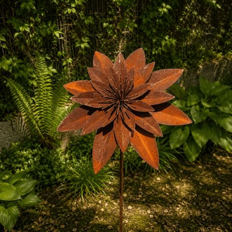Flor de loto metálica instalada en un macizo natural