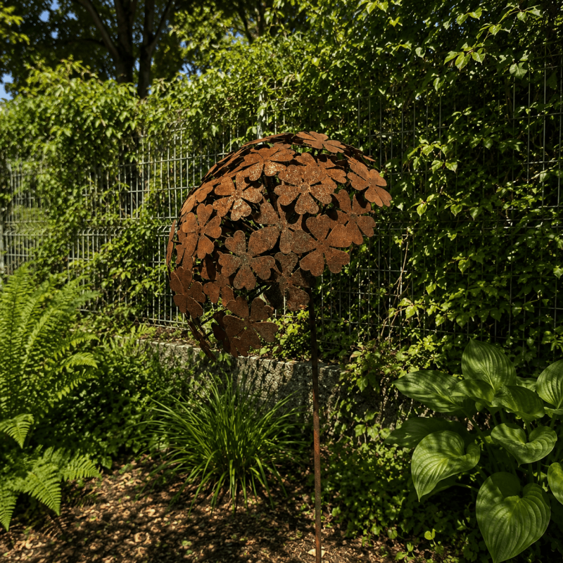 Flor decorativa con estaca y cabeza redondeada – vista completa