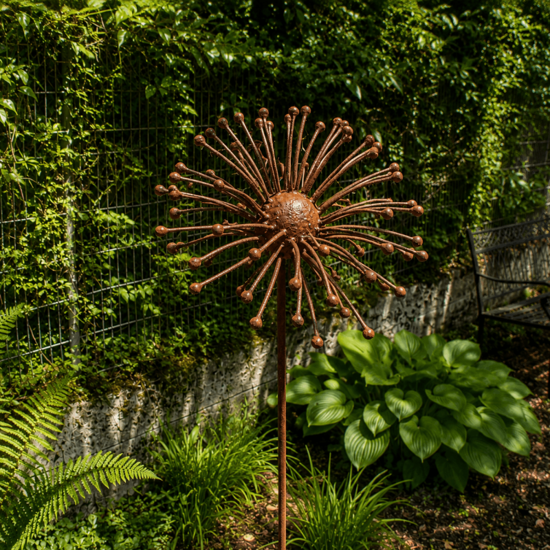 Flor sol de metal para jardín color óxido – vista frontal