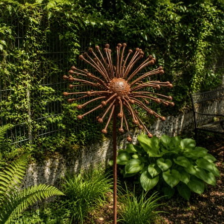 Flor sol de metal para jardín color óxido – vista frontal