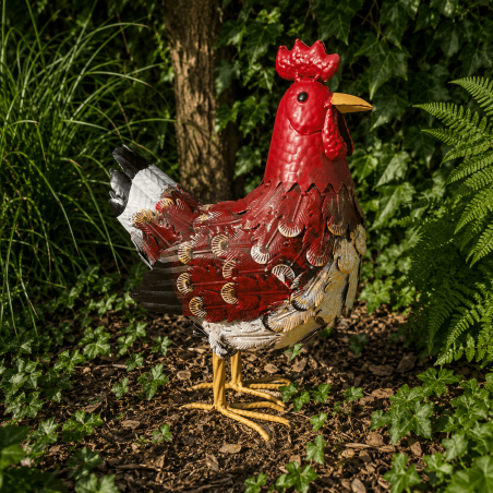 Gallina decorativa de metal multicolor – vista frontal