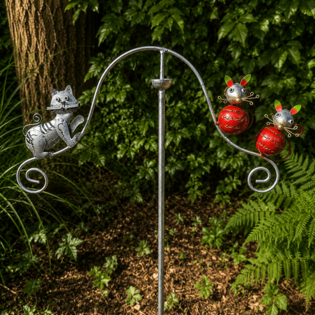 Móvil balancín de jardín con gato y ratones – vista frontal