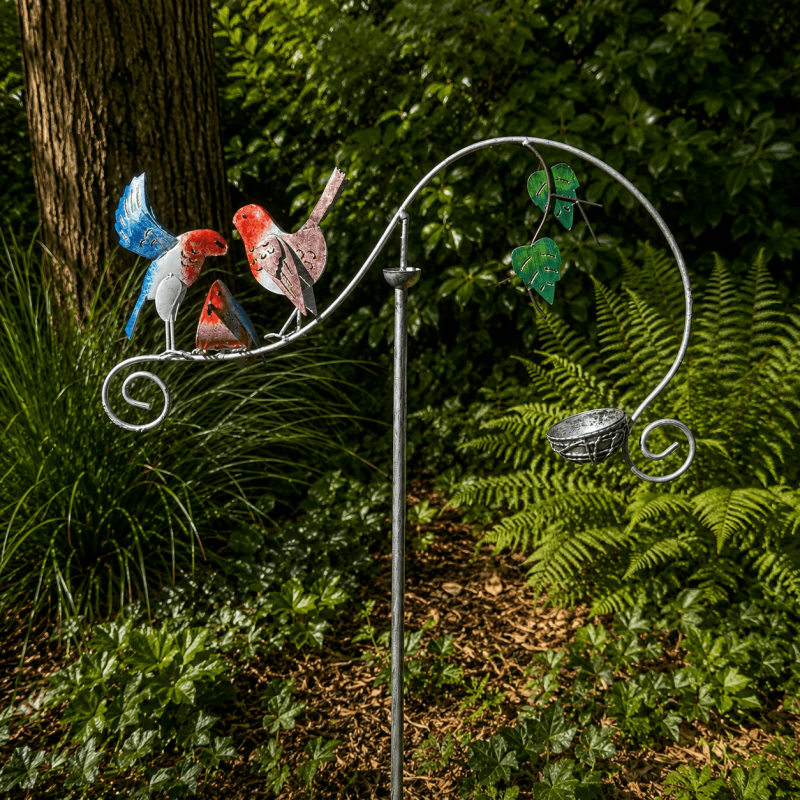 Móvil balancín de jardín con tres pájaros de colores – vista frontal