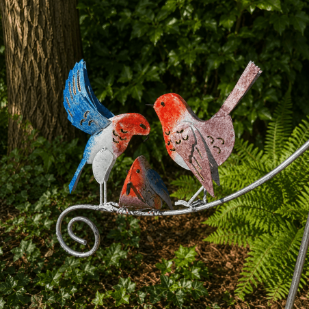 Tres pájaros decorativos de metal multicolor – vista de cerca