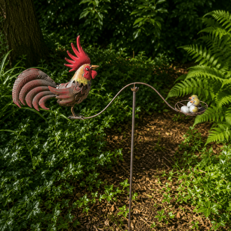 Móvil balancín de jardín con gallo y gallina – vista frontal