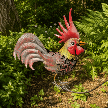 Gallo decorativo de metal con gran cola – vista de cerca