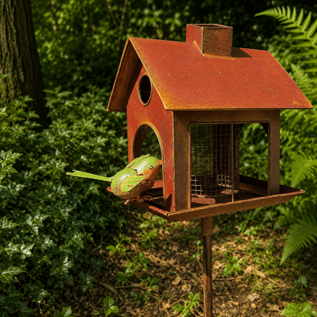 Comedero para pájaros con estaca en forma de casita – vista frontal