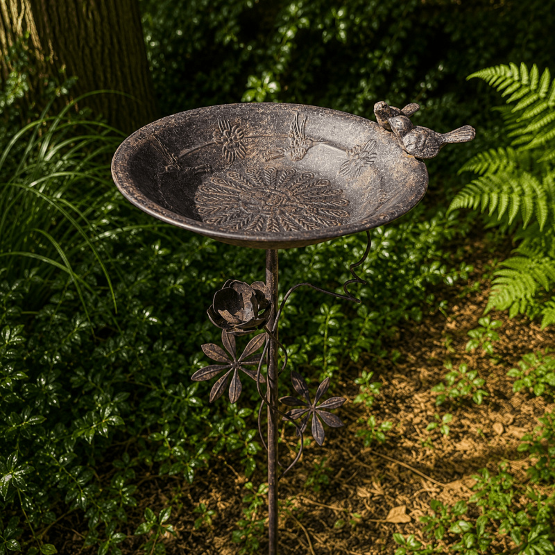 Baño para pájaros con estaca y ave decorativa – vista frontal