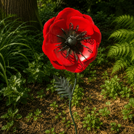 Amapola roja de metal para jardín con estaca – vista frontal