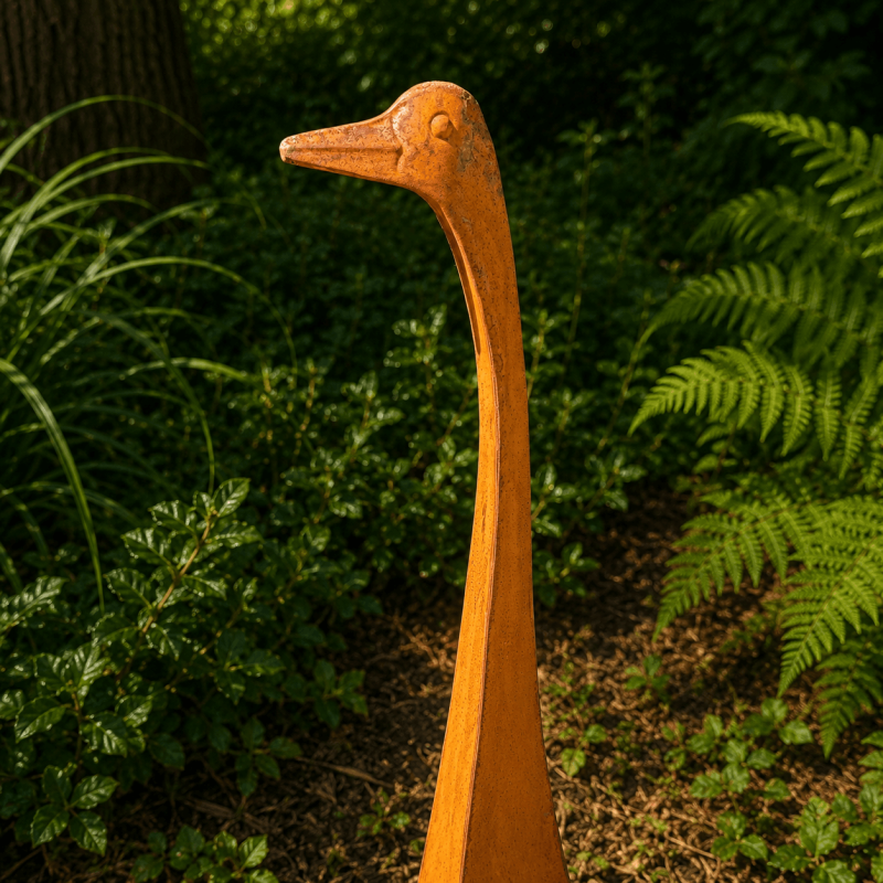 Estatua de oca para jardín con largo cuello – vista de cerca