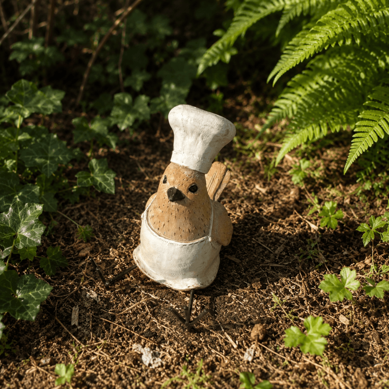Pájaro chef de resina con gorro y delantal – Vista frontal