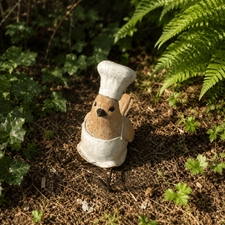 Pájaro chef de resina con gorro y delantal – Vista frontal
