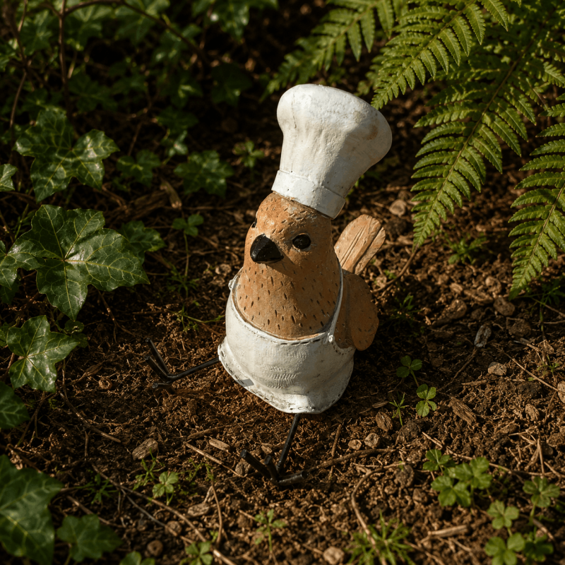Pájaro cocinero de resina marrón, blanco y negro – Vista completa