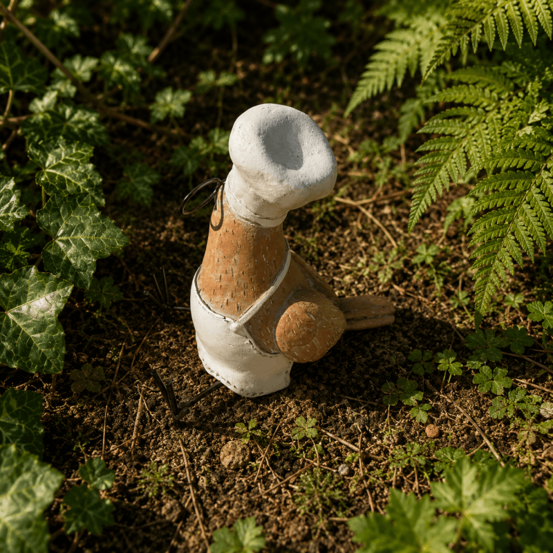 Pájaro cocinero de resina marrón, blanco y negro – Vista completa