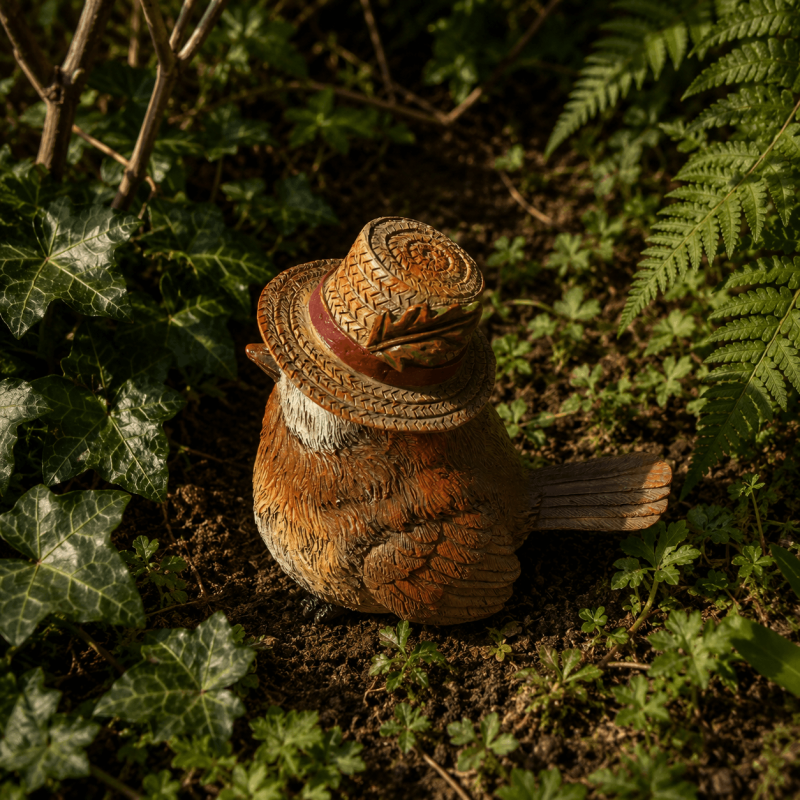 Figura decorativa de petirrojo con sombrero – Vista lateral